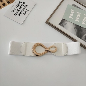 White elastic waist belt with textured gold oval metal buckle for women dresses