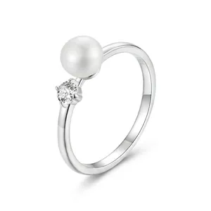 Elegant 925 sterling silver open ring with natural white pearl and moissanite stone