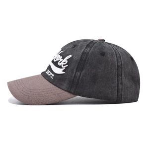 Detail of the high-quality 3D York embroidery and washed cotton texture on the baseball cap