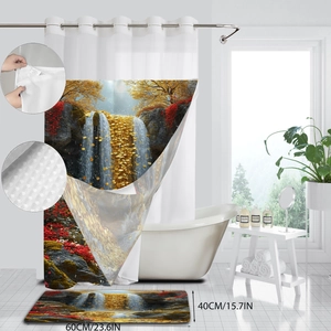 Vue détaillée du rideau de douche cascade dorée avec tapis de bain antidérapant 60x40cm
