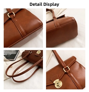 Details der braunen Vintage-Schultertasche mit goldenen Beschlägen und Seitennähten