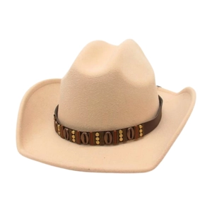 Classic beige felt western cowboy hat featuring decorative brown leather band and metal studs