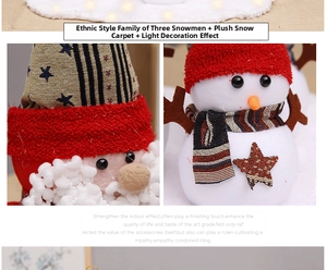 Macro detail of snowman family plush dolls with knit hats for Christmas scene decor