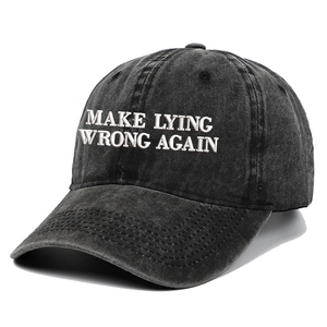 Washed dark grey baseball cap with Make Lying Wrong Again white embroidery text