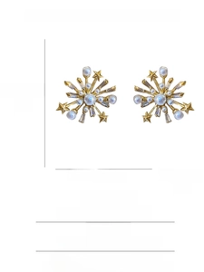 Detail specifications of golden starburst earrings with pearls, zircons and S925 silver pins