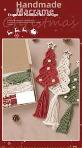 Detail of DIY handmade cotton rope Christmas tree ornaments with wooden beads and stars