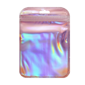 Detailed view of holographic ziplock bag with rainbow reflection and hanging hole