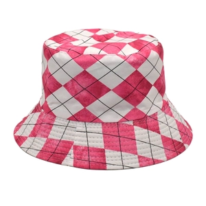Close-up of pink and white checkered pattern on a stylish textile bucket hat