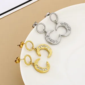 Crescent Moon Dangle Earrings Stainless Steel Rhinestone Inlaid Beaded Round Hoop Stud Vintage Elegant Jewelry For Women