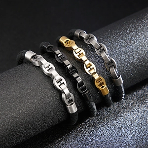 Men's braided leather bracelet with stainless steel anchor link buckle in four colors