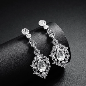 Elegant silver teardrop earrings with crystals for wedding and evening parties