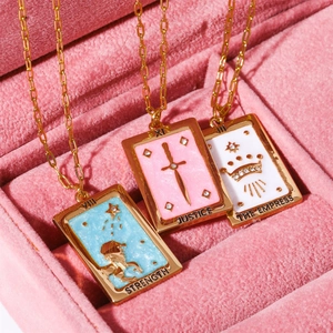 Retro Tarot Card Square Pendant Necklace With Gold Plated Copper And Enamel Inlay Vintage Symbolic Jewelry For Women