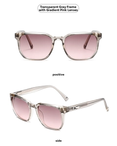 Detail of transparent grey sunglasses frame with pink gradient lenses from two angles