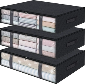 Set of 3 black non-woven storage boxes with clear windows and reinforced handles