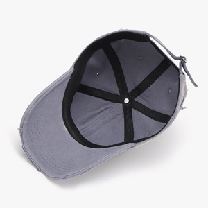 Vintage washed distressed baseball cap in dark grey with adjustable metal buckle and soft crown