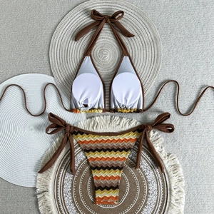 Detailed flat lay of a two-piece halter bikini with brown top and striped printed bottoms