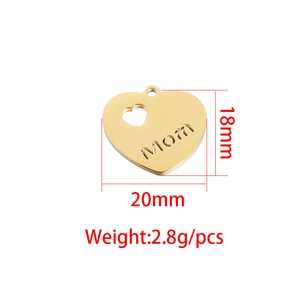 Gold mirror stainless steel heart pendant with Mom engraving and size measurements