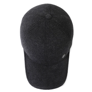 Dark grey wool baseball cap for men with ear flaps and metallic shield logo detail