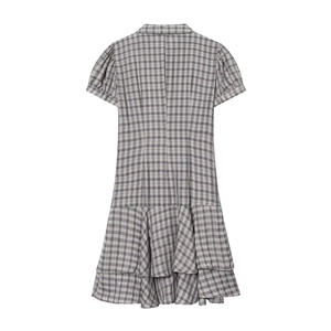 Gray plaid short sleeve dress with lapel collar and layered ruffle hem, back view