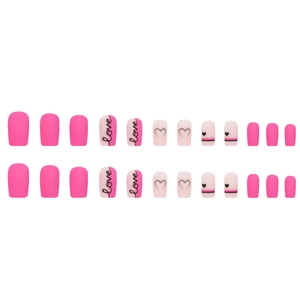 Barbie pink press on nails with love lettering and black heart patterns for Valentine's Day