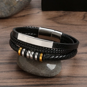 Handcrafted multilayer leather bracelet with silver accents and a magnetic clasp