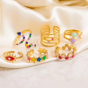 6Pcs 18K gold plated stainless steel open rings with enamel snake star and eye motifs