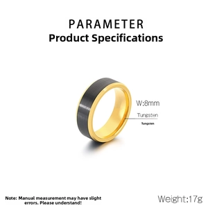 Detail view of 8mm tungsten steel ring with black brushed finish and gold inner band