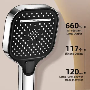 Square high pressure shower head with 120mm black silicone faceplate and 117 nozzles