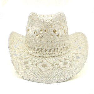 Close-up of cream crochet straw cowboy hat with intricate hollow out woven patterns