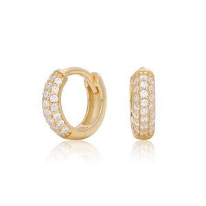 Macro shot of gold-plated S925 silver mini hoop earrings with sparkling zircon stones