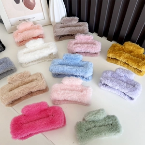 Plush faux fur square hair claws in various vibrant colors for women's hair styling