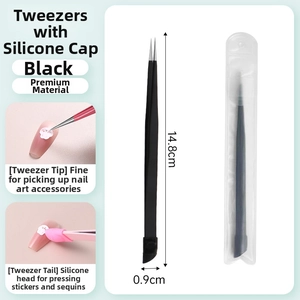 Macro detail of dual-head nail tweezers showing 14.8cm length and pink silicone press head