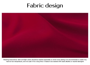 Detail of red jacquard fabric texture with washing instructions for V-neck summer top