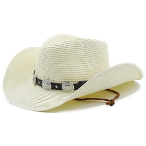 Detail of cream straw cowboy hat featuring black leather band and silver metal buckles