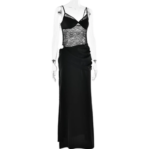 Detail view of floral lace bodice and thin straps on a black satin evening dress