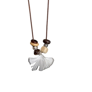 Minimalist stainless steel ginkgo leaf pendant necklace with brown cord and wooden beads