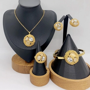 Stainless Steel Jewelry Gold Plated Necklace Earring Ring Bracelet With Cat Eye Stone Crystal Vintage Elegant For Women