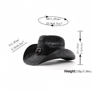 Tableau des tailles du chapeau de cowboy en paille noire avec boucle coeur pour tête 58cm