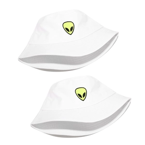 Detailed view of the neon green alien embroidery on two white cotton bucket hats