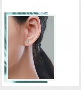 Detail of S925 sterling silver waterdrop stud earring with zircon on model ear