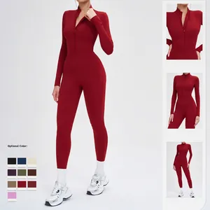Women's dark red thermal yoga jumpsuit with stand collar and half-zip design