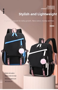 Detail of school backpack with external USB charging port and headphone jack feature