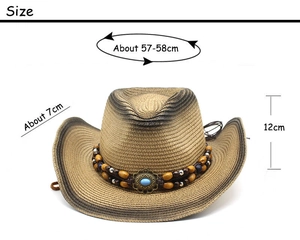 Detailed size chart of western straw cowboy hat showing 58cm circumference and 7cm brim