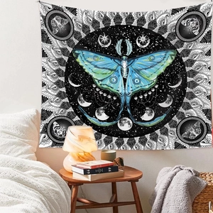 Bohemian moon moth tapestry with lunar phases and mandala patterns for bedroom wall decor