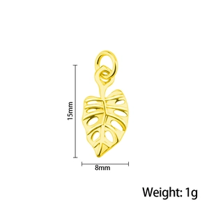 Golden monstera leaf pendant charm details with dimensions 15mm by 8mm and 1g weight