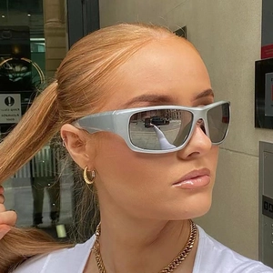 Y2K futuristic silver wrap-around sunglasses with a sleek rectangular frame for women