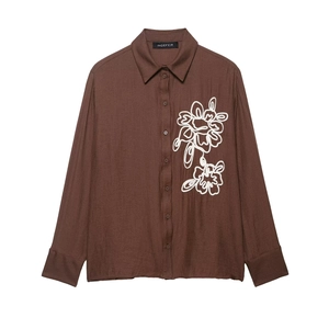 Women Long Sleeve Shirt Brown Textured Blouse Floral Embroidery Single Breasted Elegant Casual Top