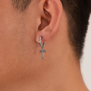 Retro stainless steel cross pendant hoop earring with vintage textured finish for men