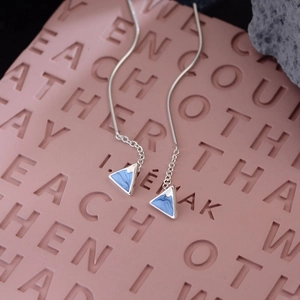 Geometric Triangle Mountain Enamel Ear Thread Earrings Long Chain Silver Plated Blue Glaze Copper Jewelry For Women