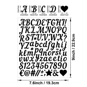 Vue détaillée des autocollants lettres et chiffres noirs de 1 pouce avec dimensions